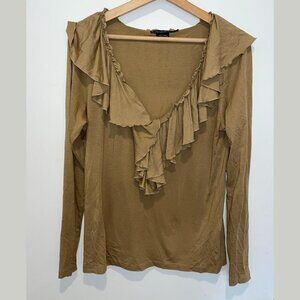 Ralph Lauren Sport Brown Pima Cotton Blend Ruffle Neck Blouse Women’s Size L